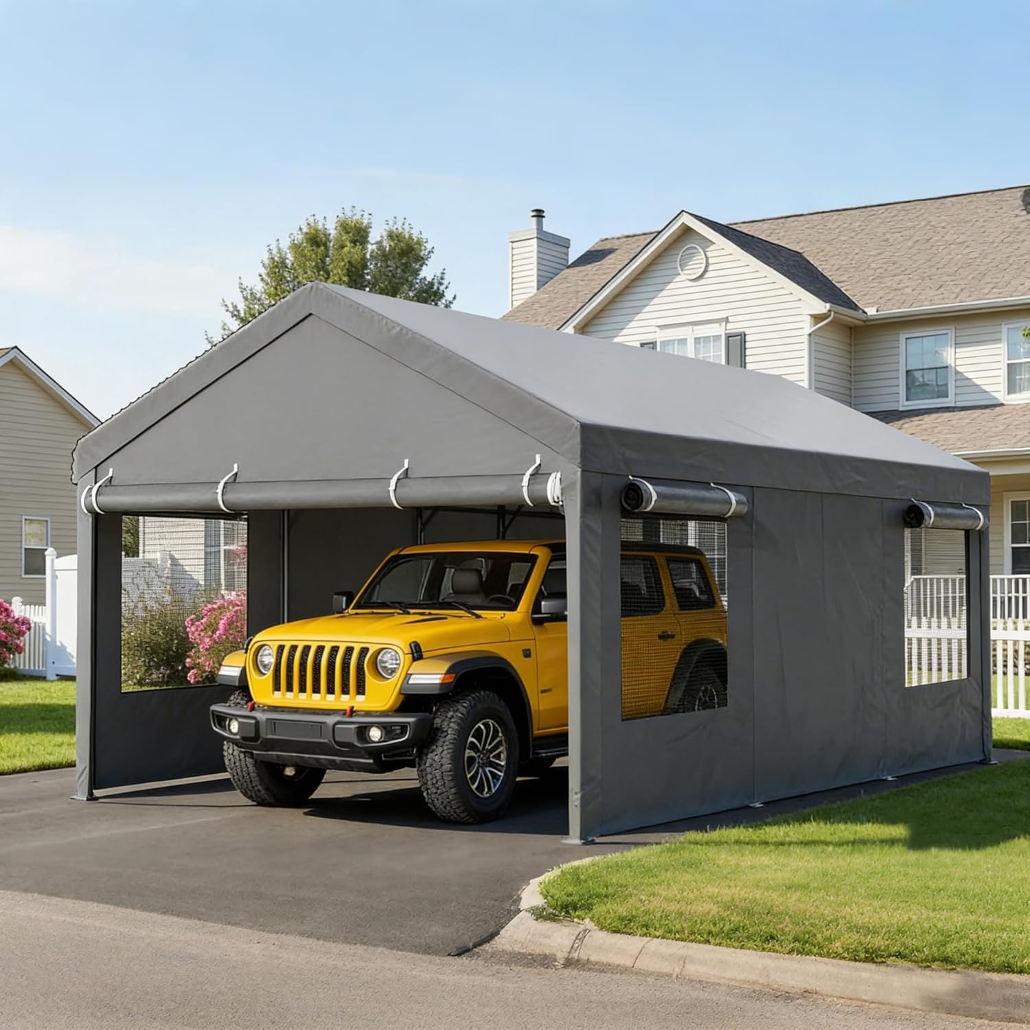 Nuturelly 12x20 FT Carport, Heavy Duty Carport Canopy with Roll-up Windows, Portable Garage with Removable Sidewalls & Doors, Car Canopy with All-Season PE Tarp for Car, Truck, Boat,Gray
