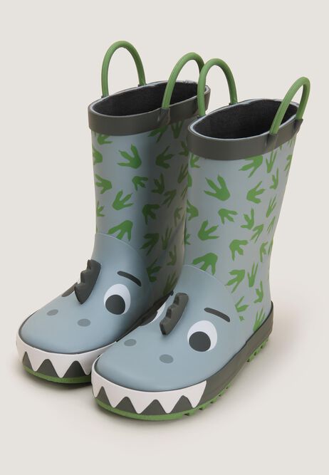 Younger Boys Green Dinosaur Pull On Wellies