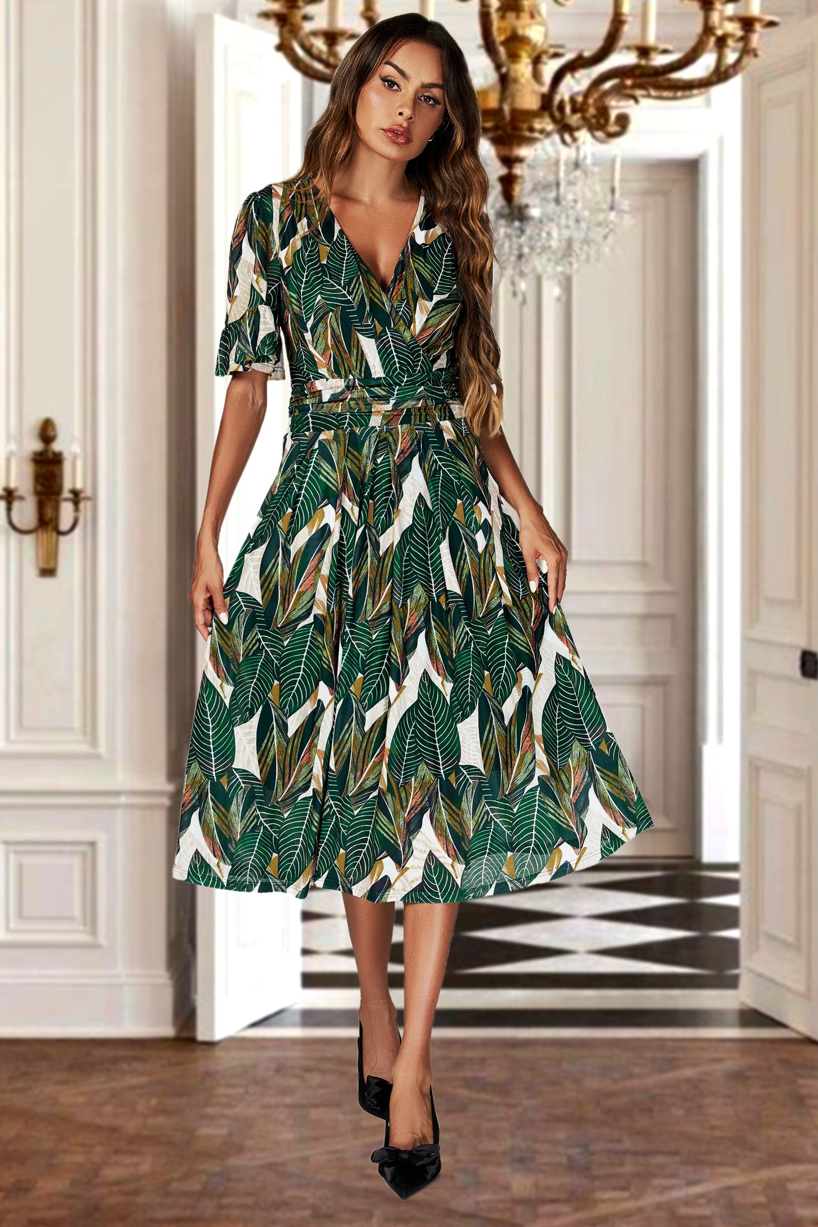 FS Collection Leaf Print Mesh Midi Dress In Green