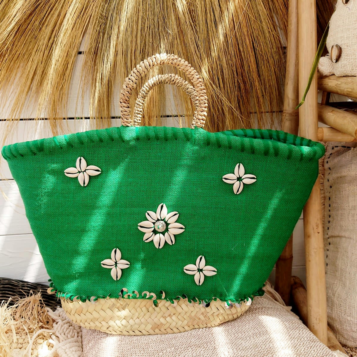 NORA - Sac de plage en palmier et toile, vert