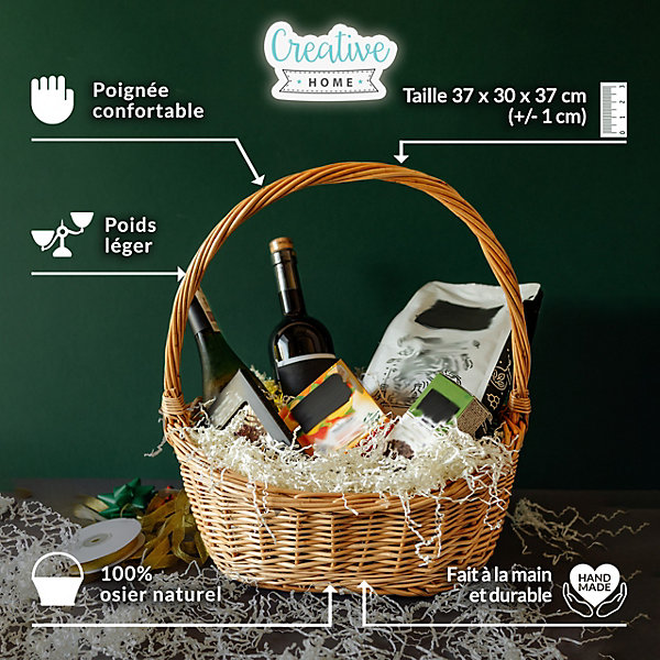 Creative Home Panier de Rangement Panier en Osier Pique-Nique avec Poignées 37 x 30 x 37 cm ( /- 1 cm) - Panier Cadeau Polyvalent
