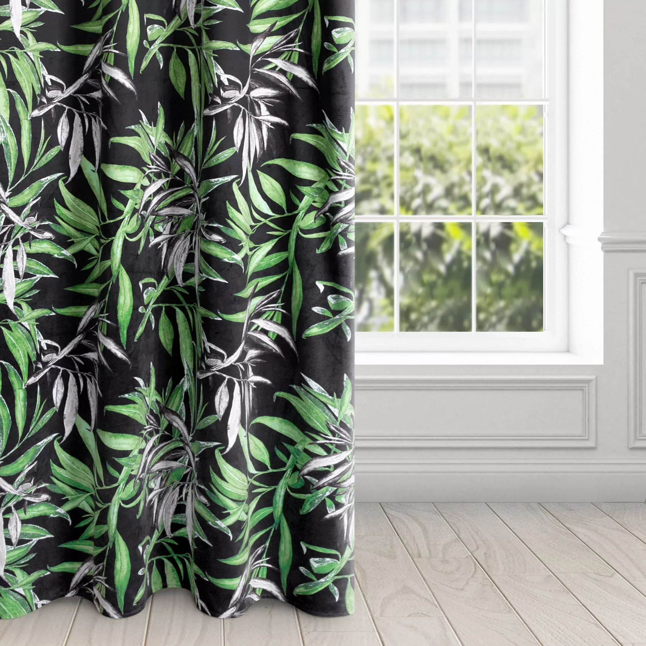 Zasłona welwetowa czarno, zielona w stylu botanic 140x250 cm przelotka - ZOJA