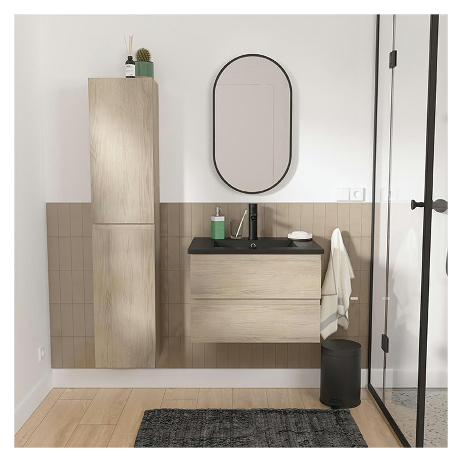 SORRENTO - Meuble simple vasque 60cm  chêne+vasque noire+robinet+miroir+colonne
