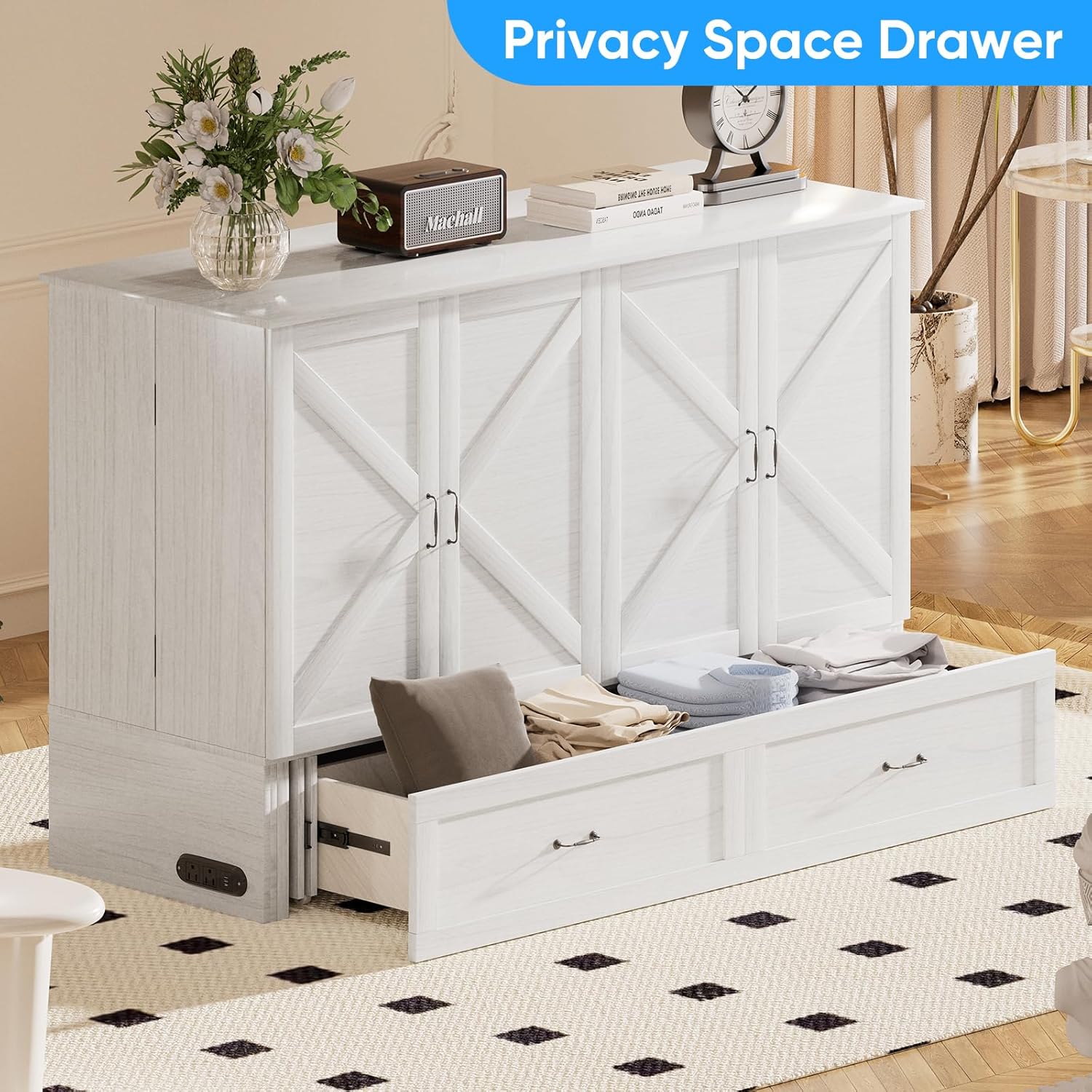 Mjkone Murphy Bed, Cabinet Beds Queen Size with Mattress Included, Built-in Charging Station and Drawer, 63 W Queen Cabinet Murphy Bed, Hidden Guest Beds for Living Room, Bedroom, Apartment, White