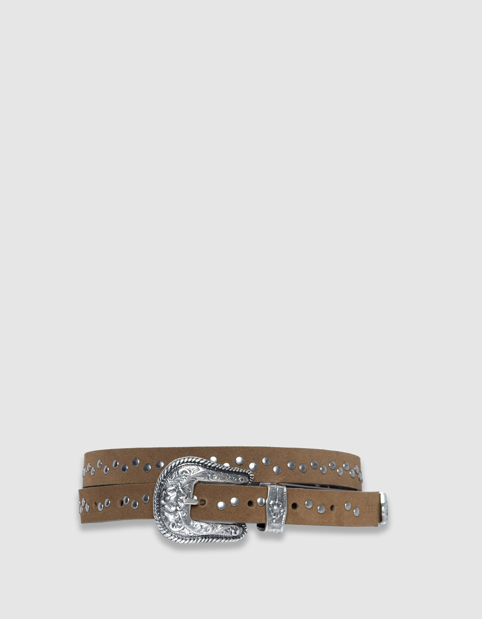 Ceinture camel cuir velours clouté boucle western Femme