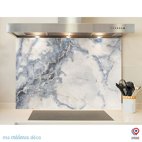 Crédence cuisine fond de hotte Marbre texturé bleu - Verre trempé - L 90 cm x H 70 cm - MaCrédenceDéco