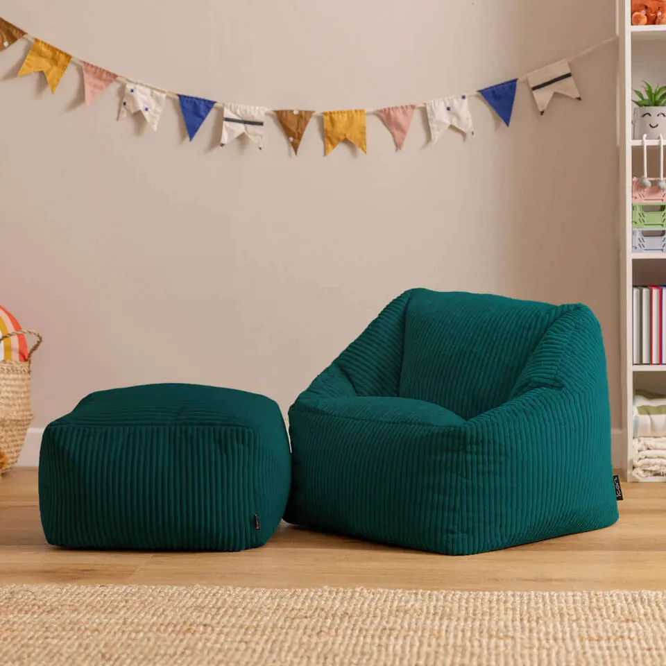 icon - Natalia Kinderzitzak Stoel met Poef - Ribfluweel - Blauwgroen