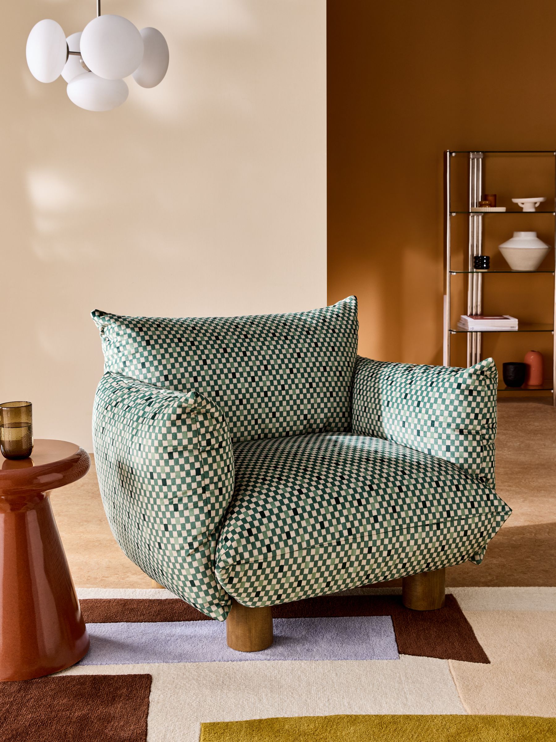 Jude Accent Chair in Green Checked Velvet