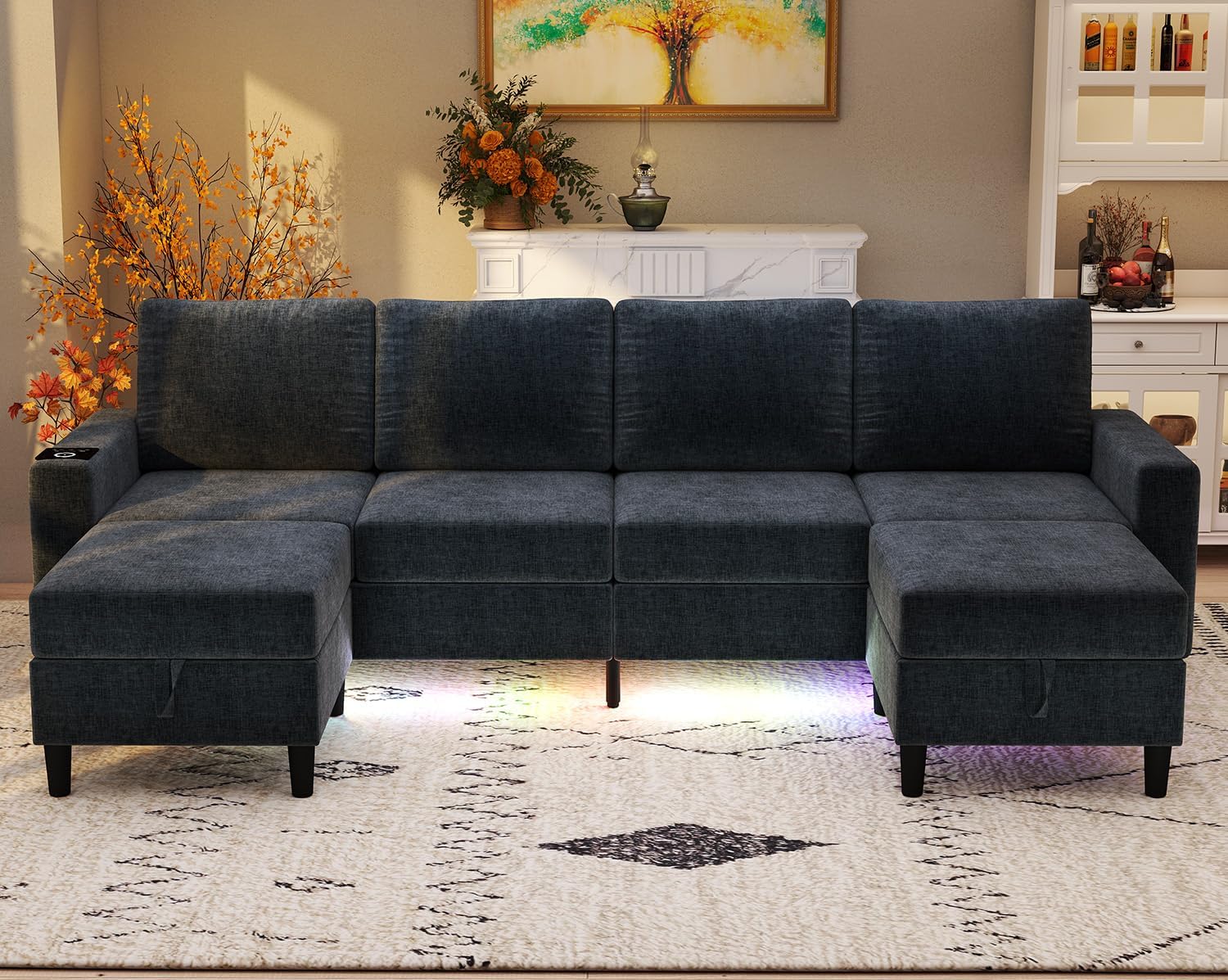 Sectional Couches for Living Room, 6 Seat Chenille Sectional Sofa with Smart Module-Wireless Charging/USB/Type-C/RGB Light, U Shaped Couch with 2 Movable Storage Ottomans (Dark Grey)