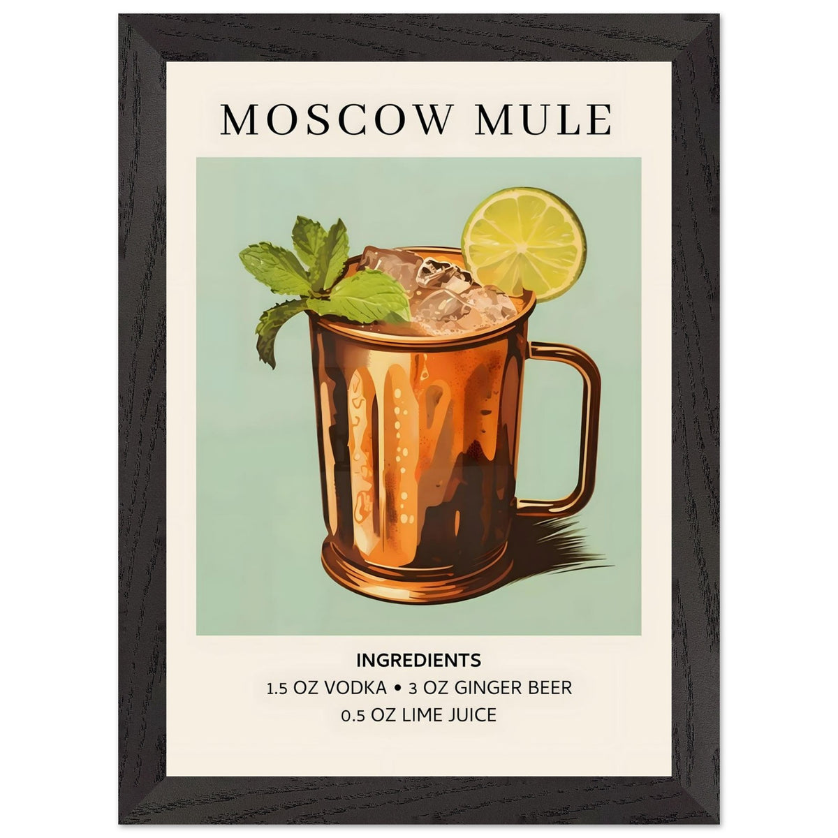 Artfulprints Poster met Lijst Moscow Mule cocktail II - Ingrediënten  - A4 21x29.7 cm - Meerkleurig