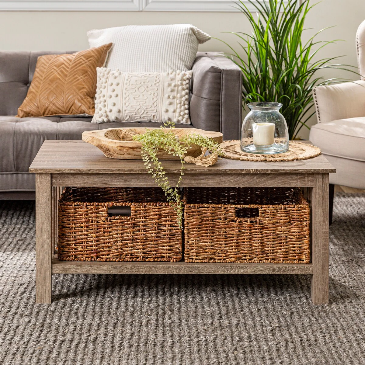 Traditional Storage Coffee Table with Bins, Driftwood