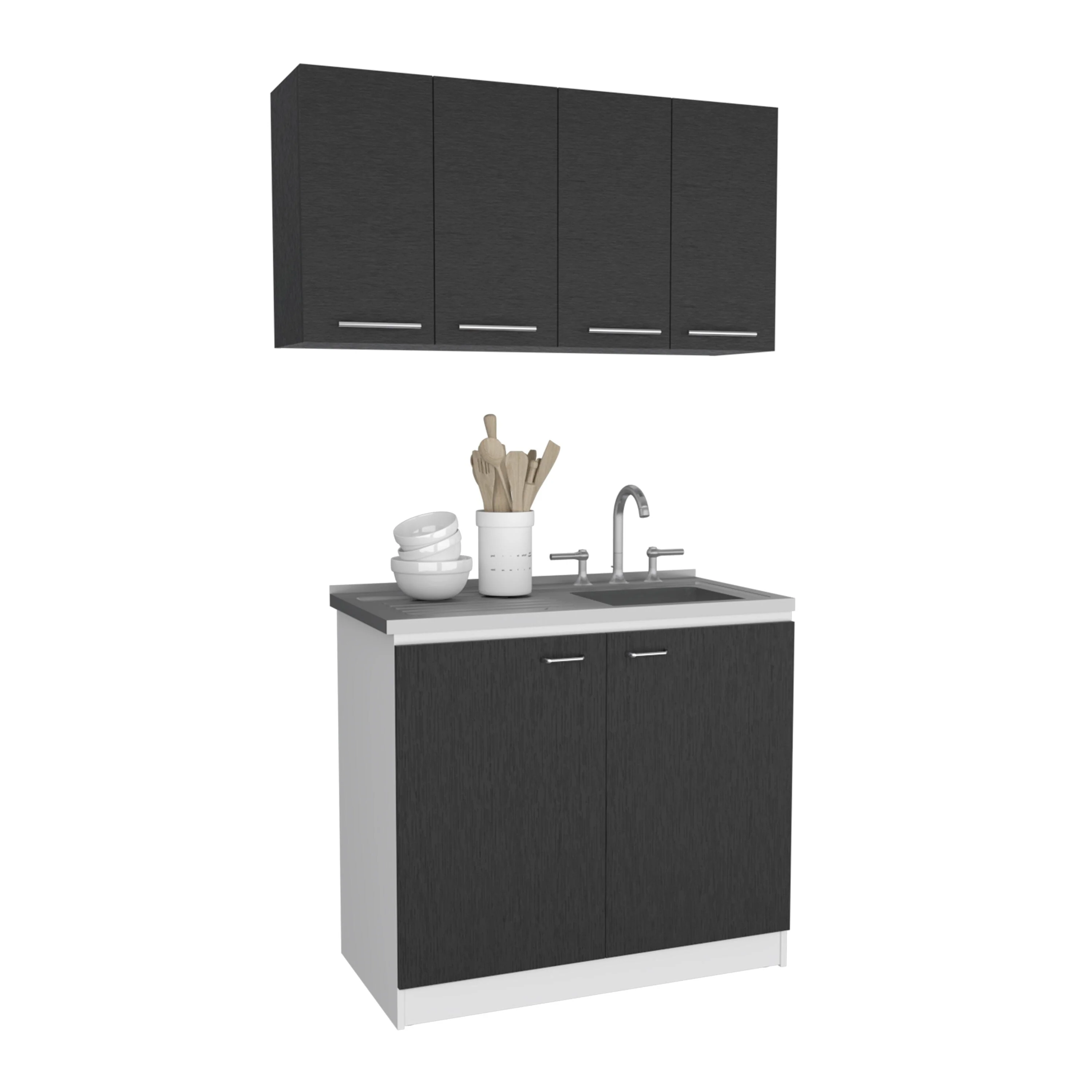 FM Furniture Aztec 2-Piece Kitchen Set with Wall Cabinet and Utility Sink Cabinet, Black/White