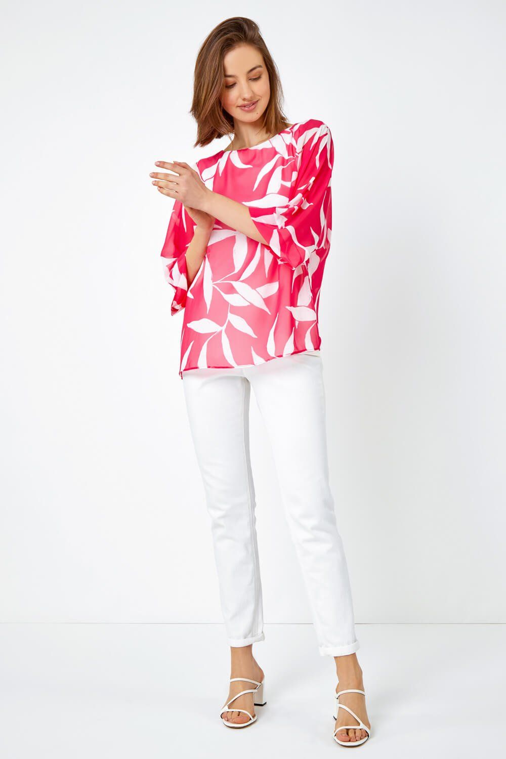 Roman Leaf Print Chiffon Overlay Top