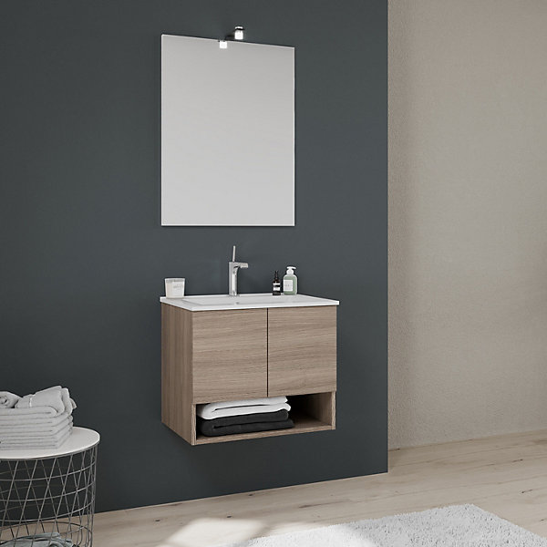 Meuble De Salle De Bain Suspendu 60Cm, 2 Portes En Chêne Naturel, Venezia