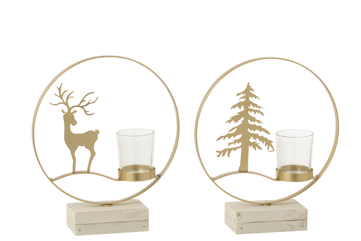 J-Line theelichthouder Rendier - hout - goud/wit - 2 stuks