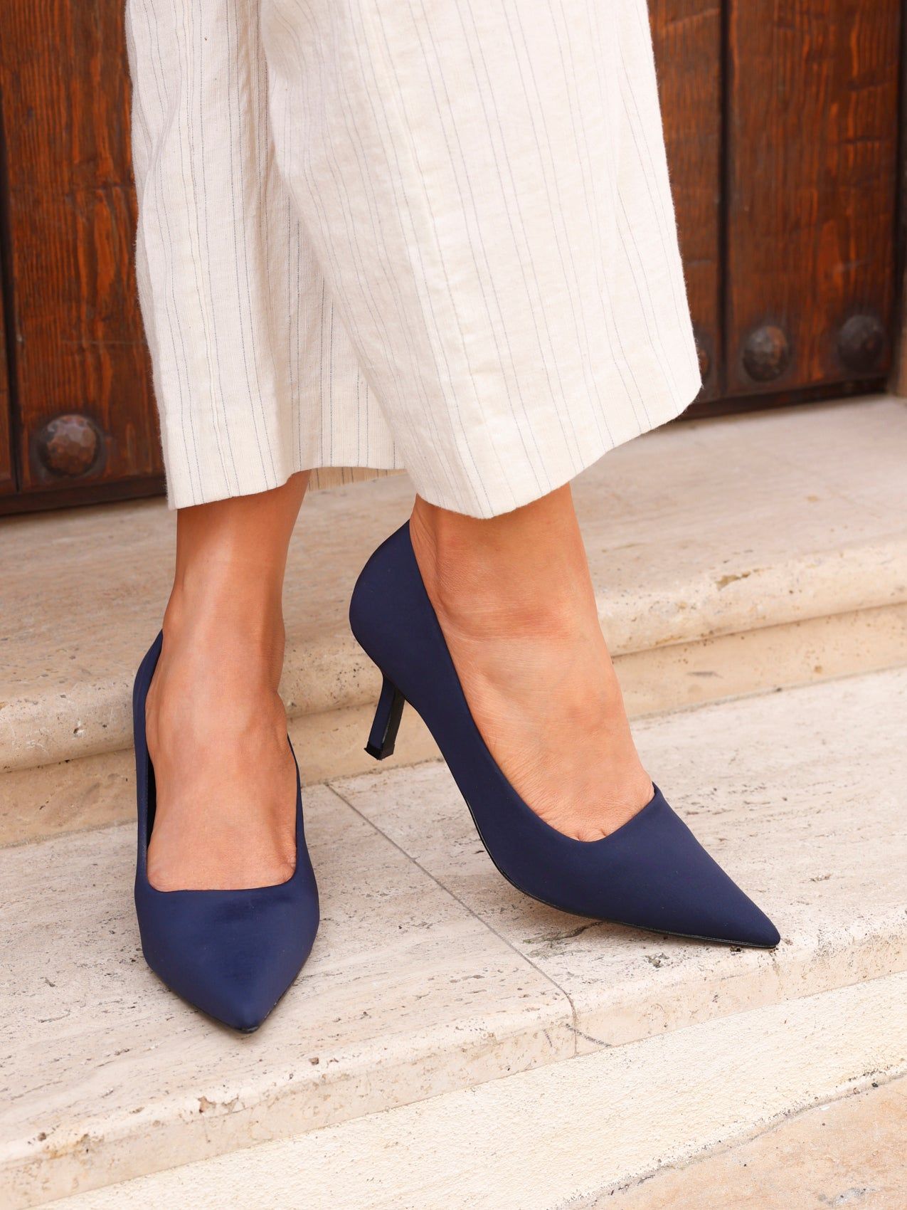 Linzi Kat Navy Scuba Leather Court Heels