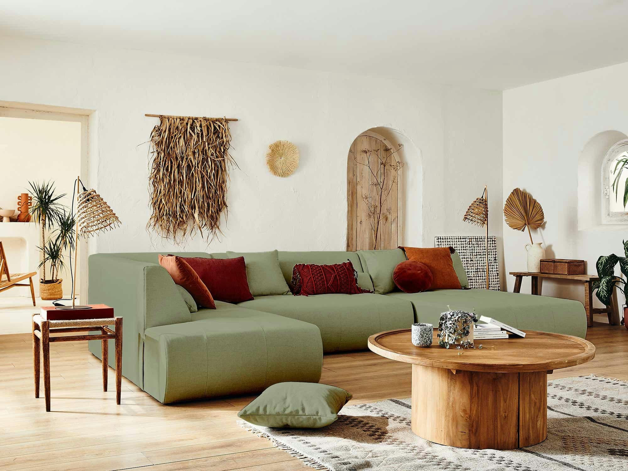 ONYX - Canapé modulable 7 places angle gauche en tissu vert sauge