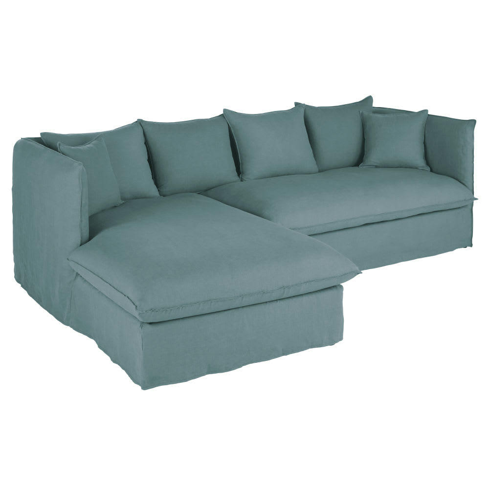 Louvain - Canapé d'angle gauche 3/4 places en lin froissé bleu céladon