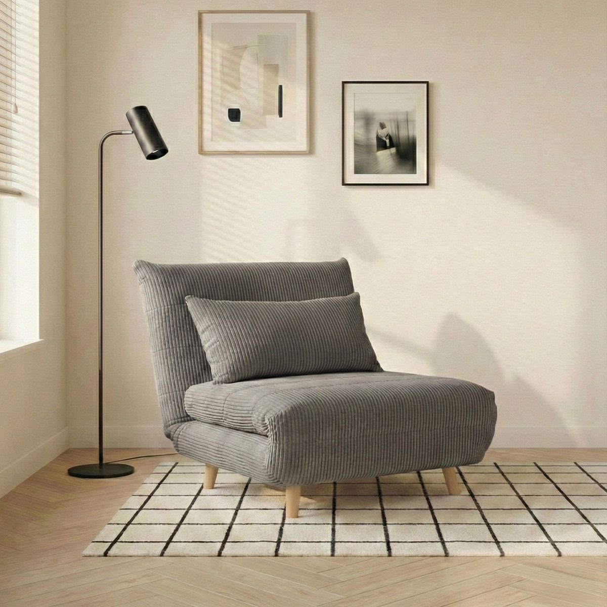 Sofa SOLACE 1-osobowa, z funkcją spania sztruksowa szara 83x91x84 cm