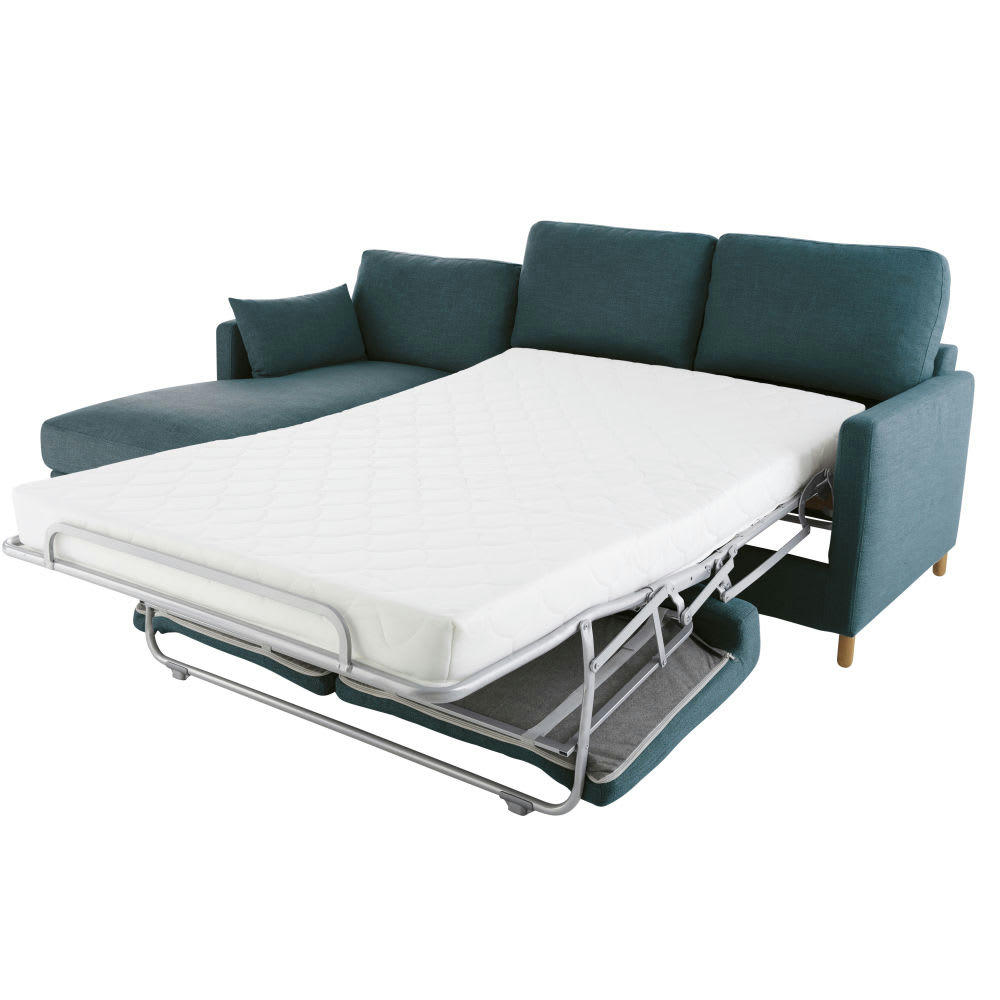 Julian - Canapé d'angle gauche convertible 5 places bleu pétrole, matelas 14 cm