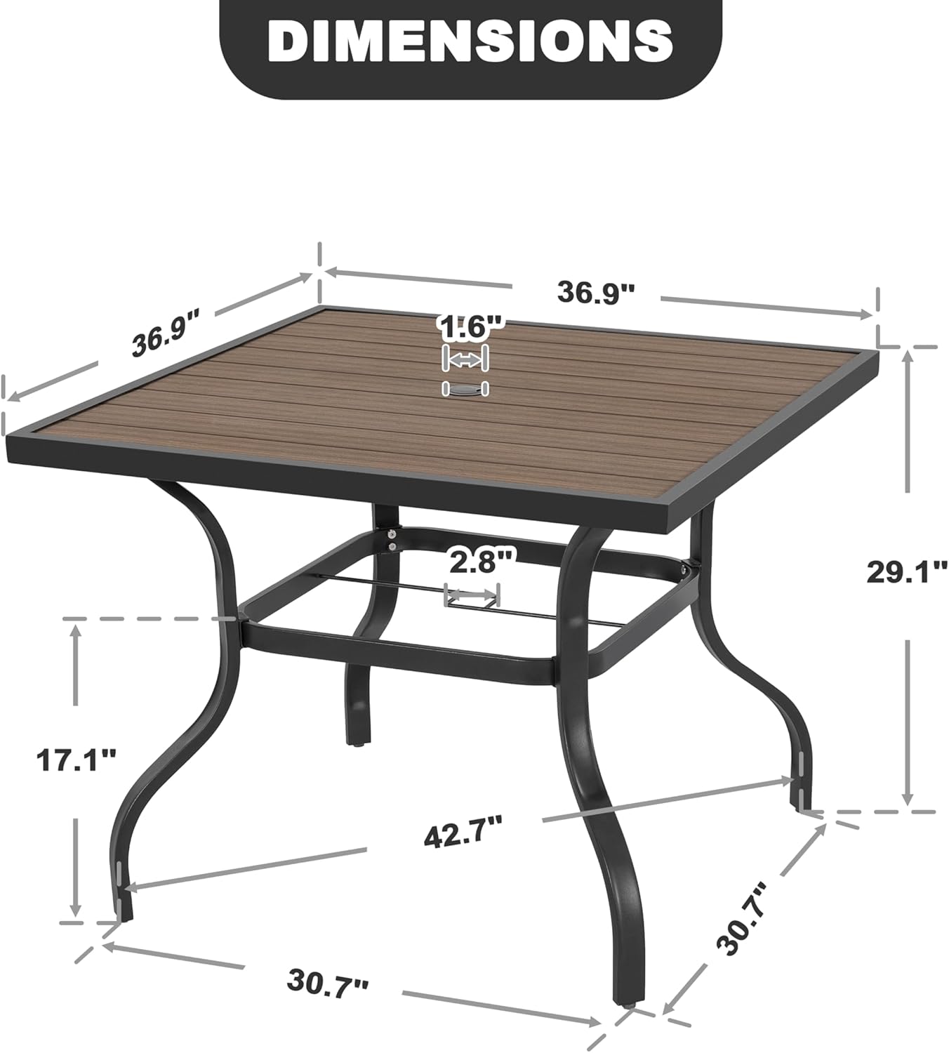 NUU GARDEN Outdoor 37” Square Metal Dining Table, Patio Dining Table with Umbrella Hole, Powder-Coated Metal Table with Faux Wood Tabletop, for Patio, Garden, Backyard and Balcony, Black