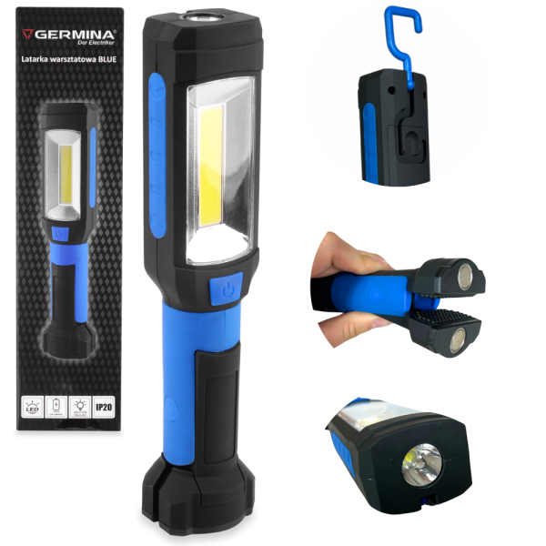 Latarka warsztatowa Germina LED lampa garażowa hak magnes na baterie 1szt.