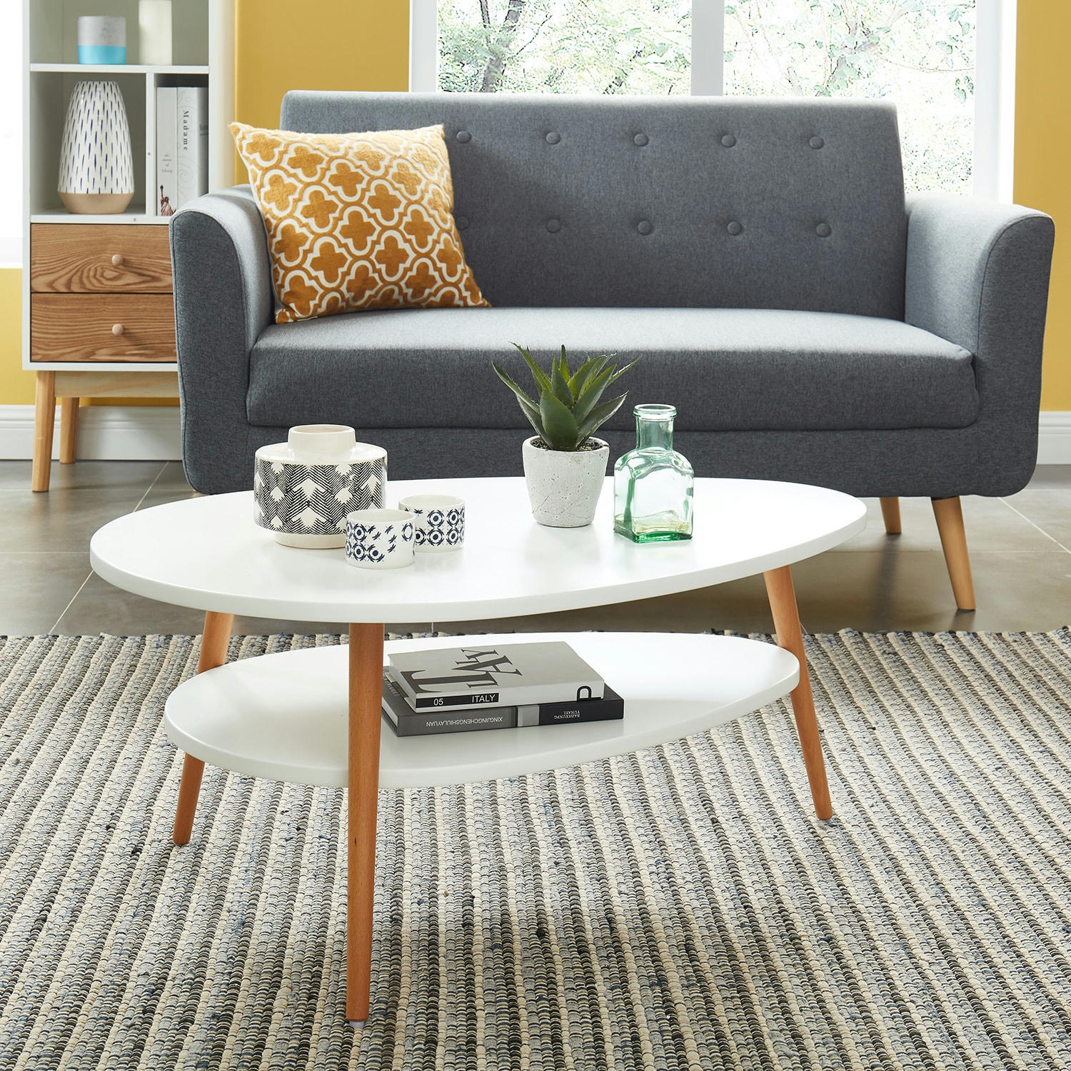 STONE - Table basse   laqué blanc mat pieds en bois massif