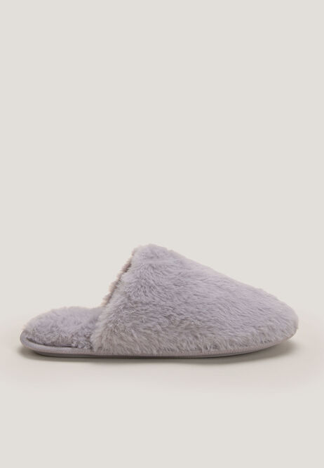 Womens Grey Faux Fur Fluffy Mule Slippers