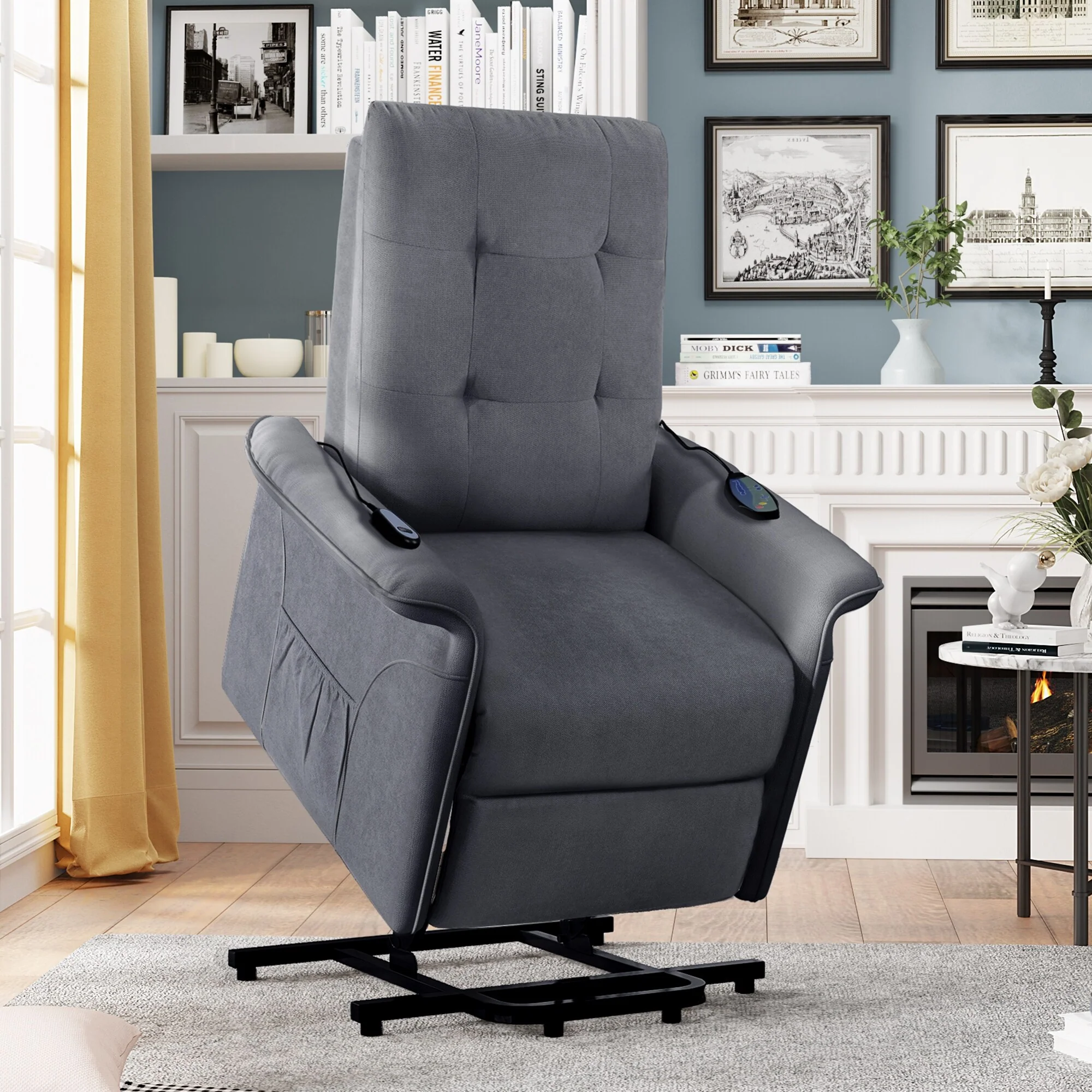 Grey Power Lift Recliner Chair for Elderly with Adjustable Massage, Overstuffed Cushion, Remote Control and Side Pockets