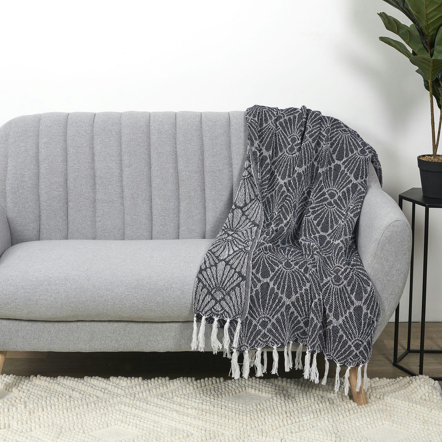 JACQUARD - Plaid imprimé géométrique 125x150 cm bleu et blanc