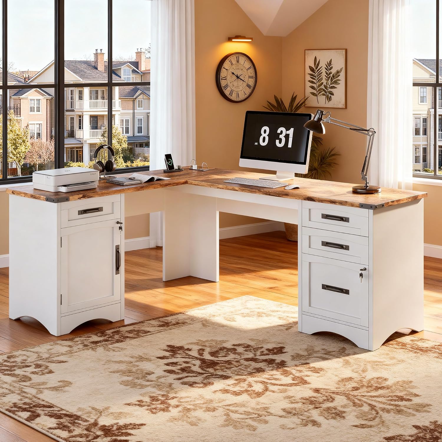 L Shaped Farmhouse Executive Desk with Drawers, 67 Home Office Desks with Fast Charging Station, Lockable File Cabinet, Wood Writing Computer Desk for Work, Study, White