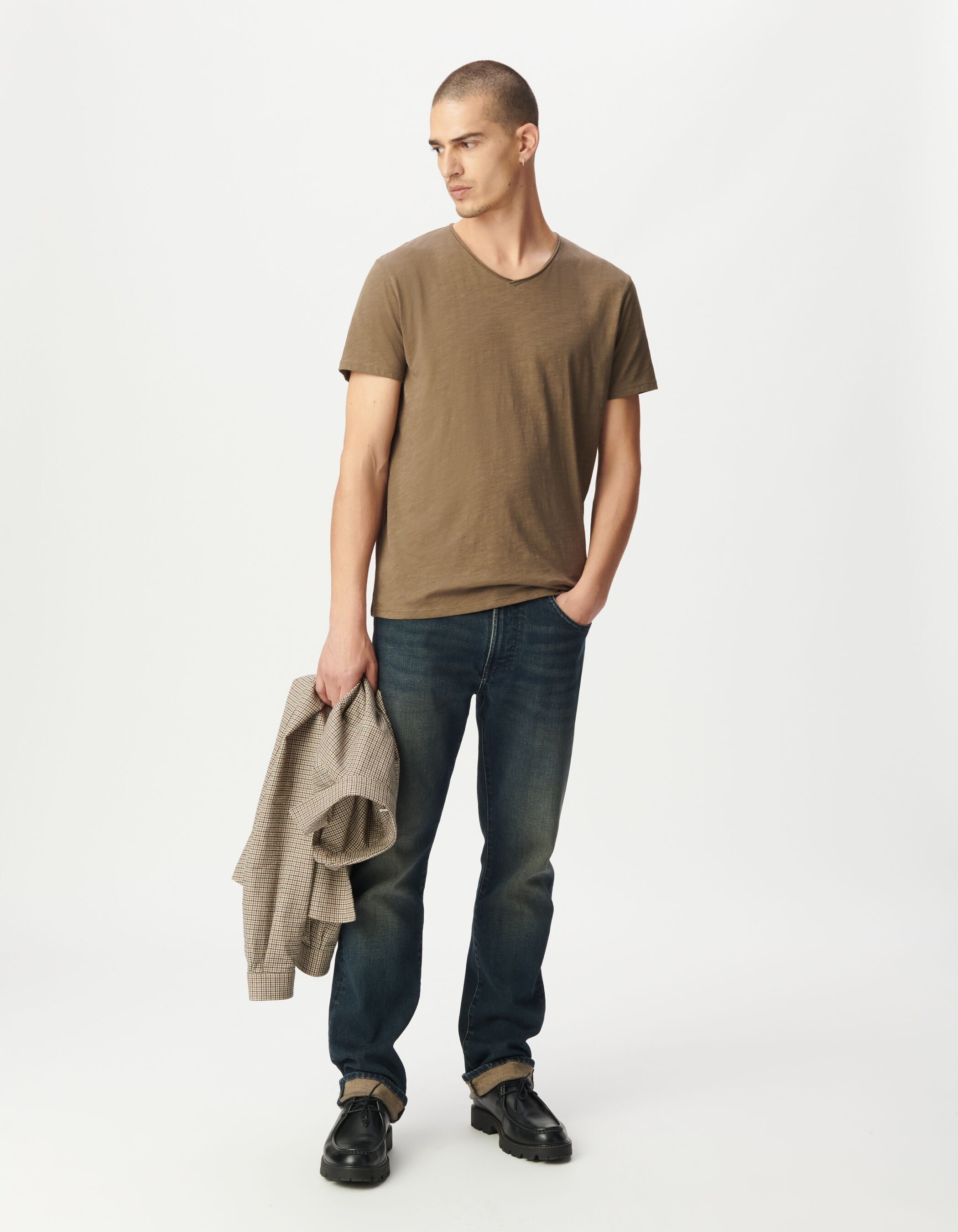 T-shirt encolure V bleu grisé coton bio flammé Homme