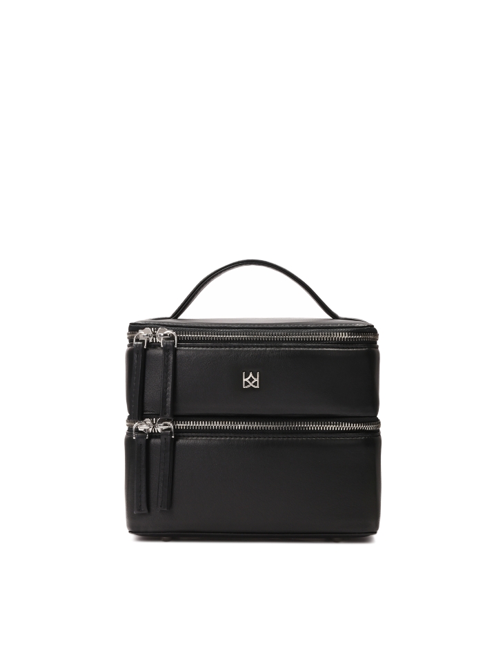 Two-tier rigid leather cosmetic bag