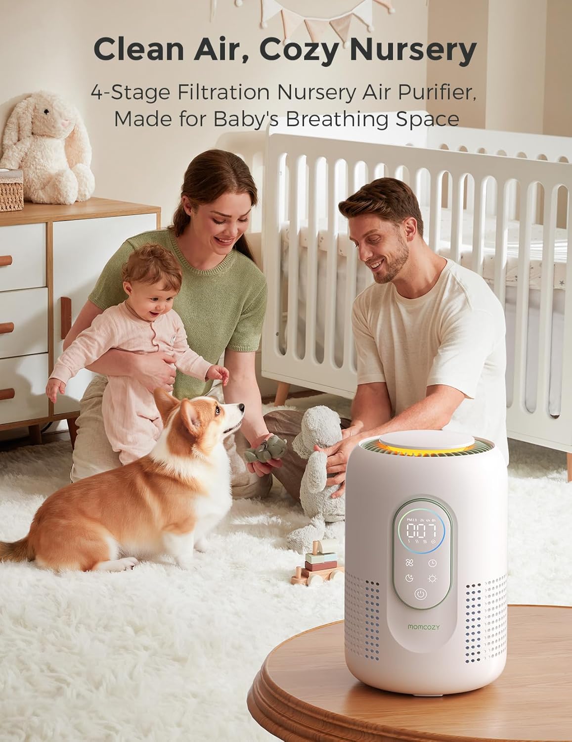 Momcozy Air Purifier, Baby Air Purifier for Bedroom Home Nursery, 4-in-1 HEPA Filter Purifier for Bedroom with 4 Fan Speeds, 21 dB Sleep Mode, Dimmable Night Light, Small Purifier for Home Pets & Baby
