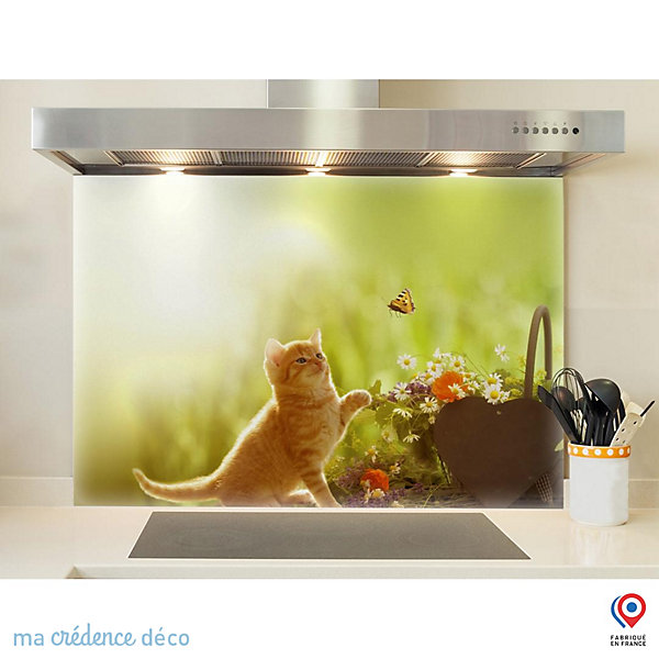 Crédence cuisine fond de hotte Chaton et papillon - Verre trempé - L 90 cm x H 70 cm - MaCrédenceDéco
