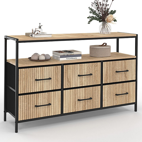 Commode 6 tiroirs en tissu UTAH 115 CM avec niche effet lattes meuble de rangement design industriel