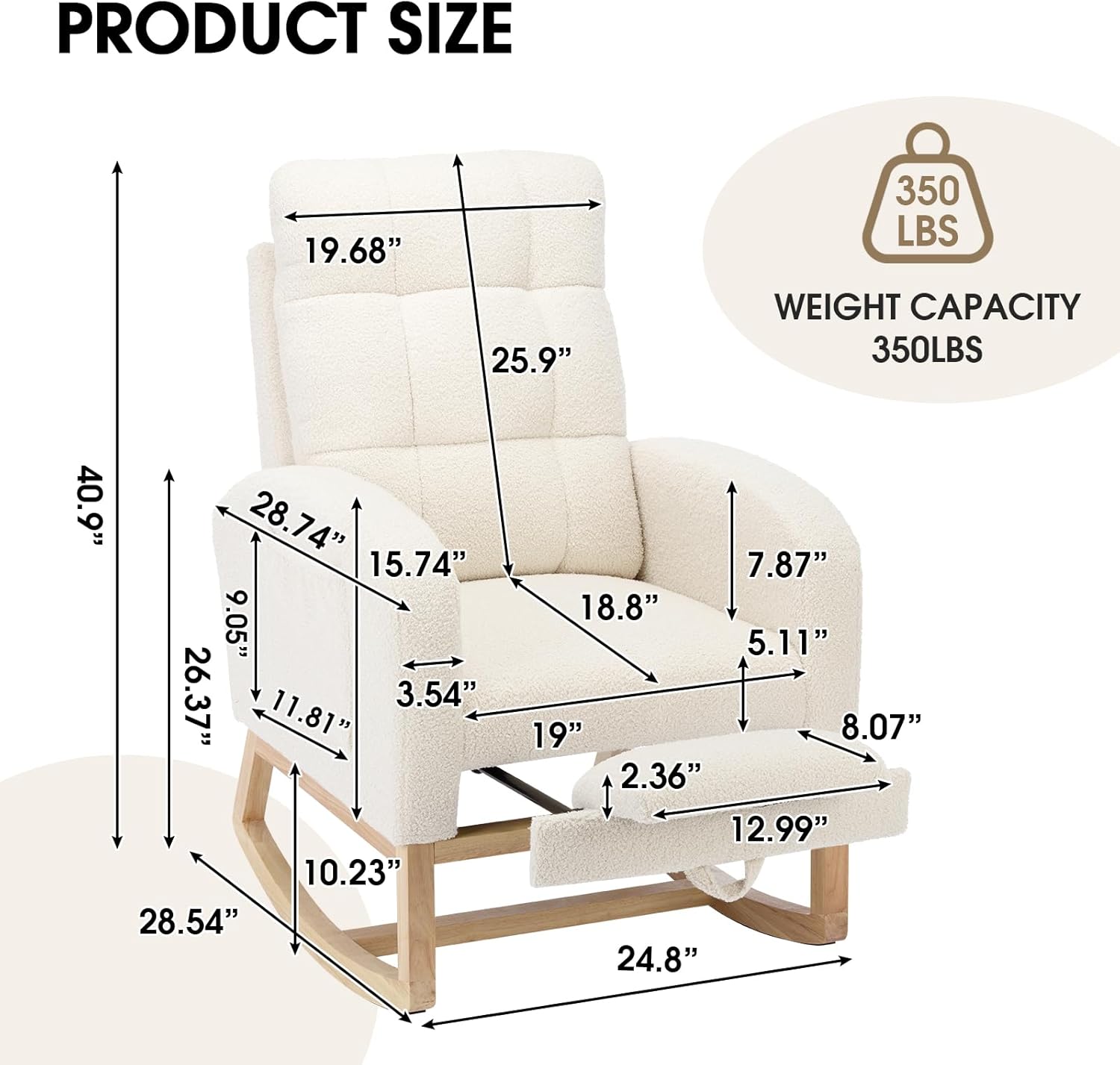 NIOIIKIT Modern Nursery Rocking Chair, Teddy Upholstered Rocking Chair with Footrest, Comfortable Rocker Chair with Side Pocket, Rocker Chair for Living Room, Bedroom, Nursing Room (White)