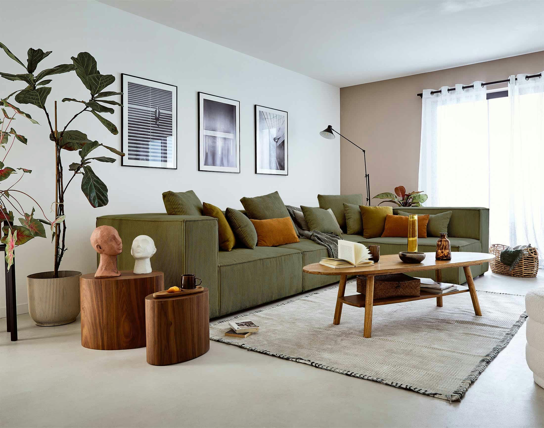 COLOMBINE - Canapé modulable 5 places angle droit en velours côtelé vert