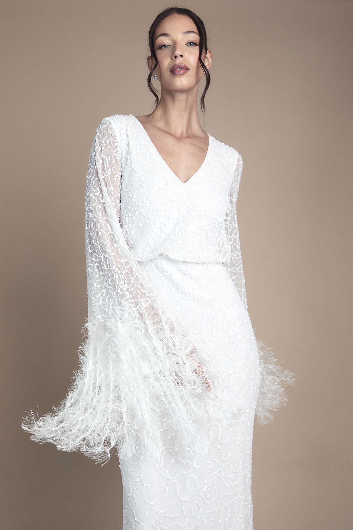 Coast Sequin Embellished Feather Trim Long Sleeve Maxi Wedding Dress