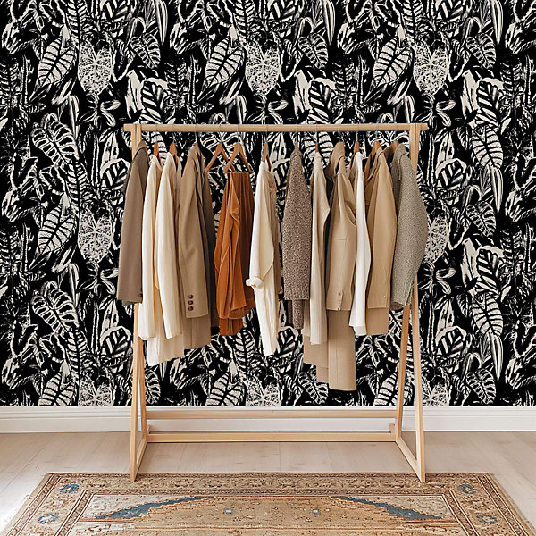 Papier peint avec feuilles de Colocasia noirs et blancs - 170x260 cm (l x h)
