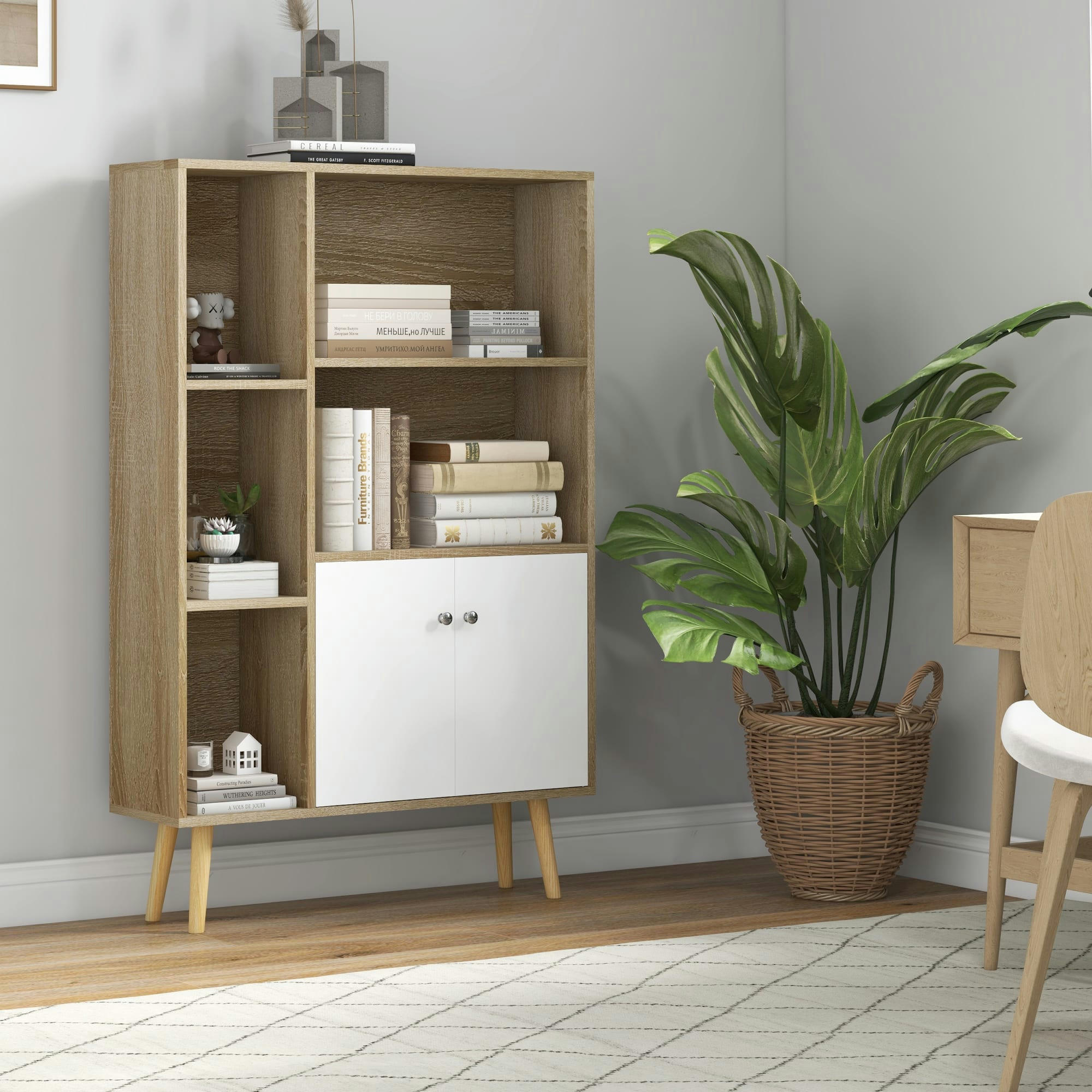 - Bibliothèque scandinave 5 niches 2 portes pieds bois panneaux naturels