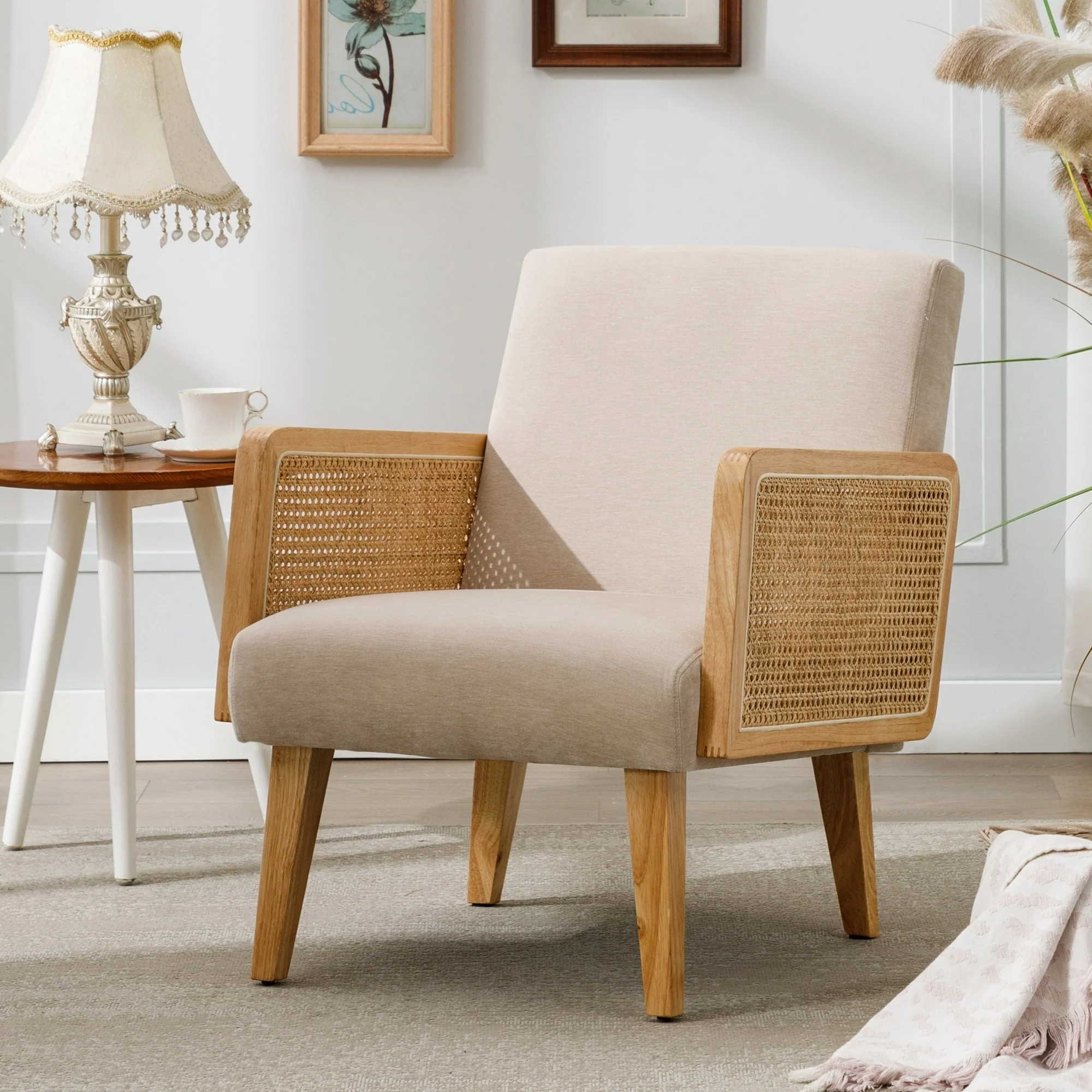 Rattan Armrest Fabric Upholstered Accent Chair