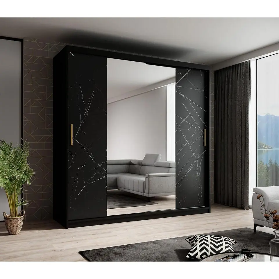 Meubella - Kledingkast Marmer 2 - Zwart - 200 cm - Met spiegel