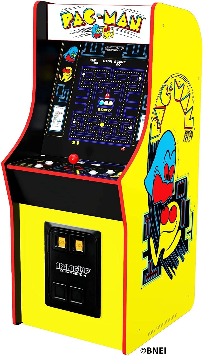 Bandai's Pac-Man classic version, featuring 12 games, and an arcade machine that is 4 feet in size.