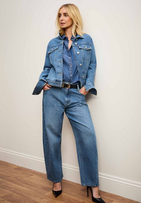 Womens Mid Blue Cotton Barrel Leg Jeans