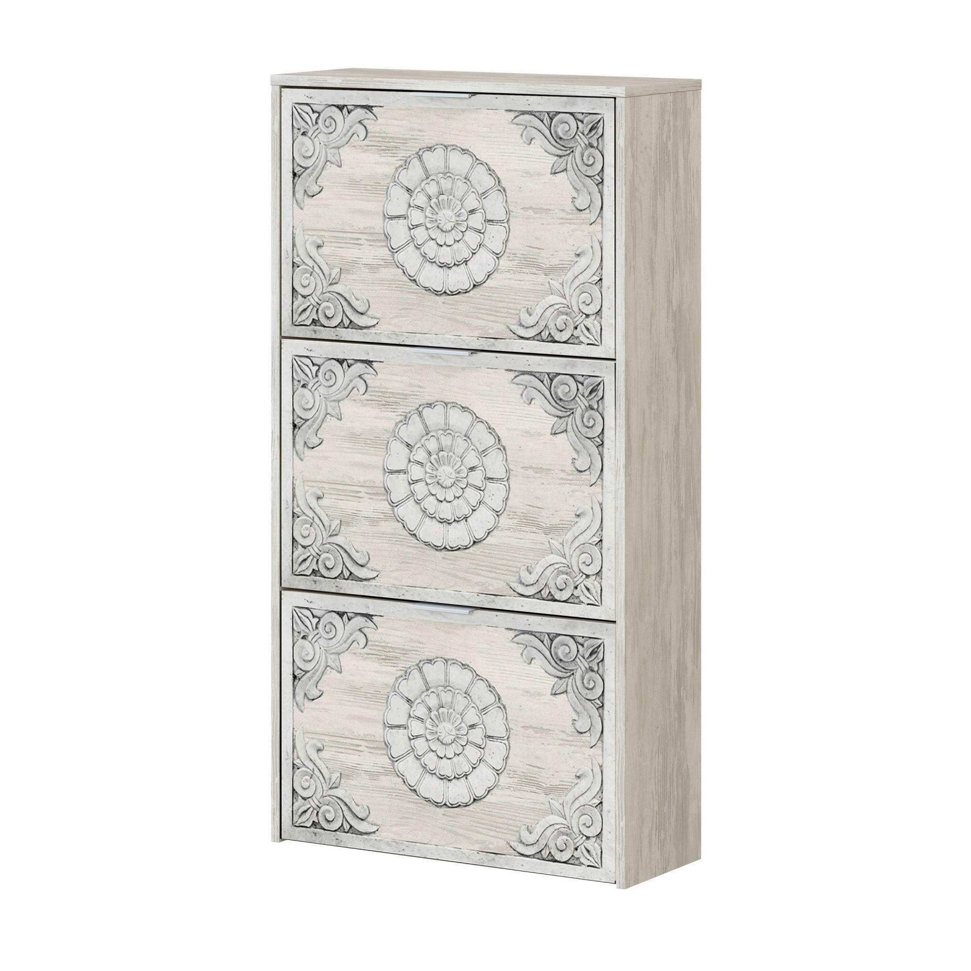 ESCONDIDO - Meuble à chaussures avec 3 portes pliantes effet bois blanc antique