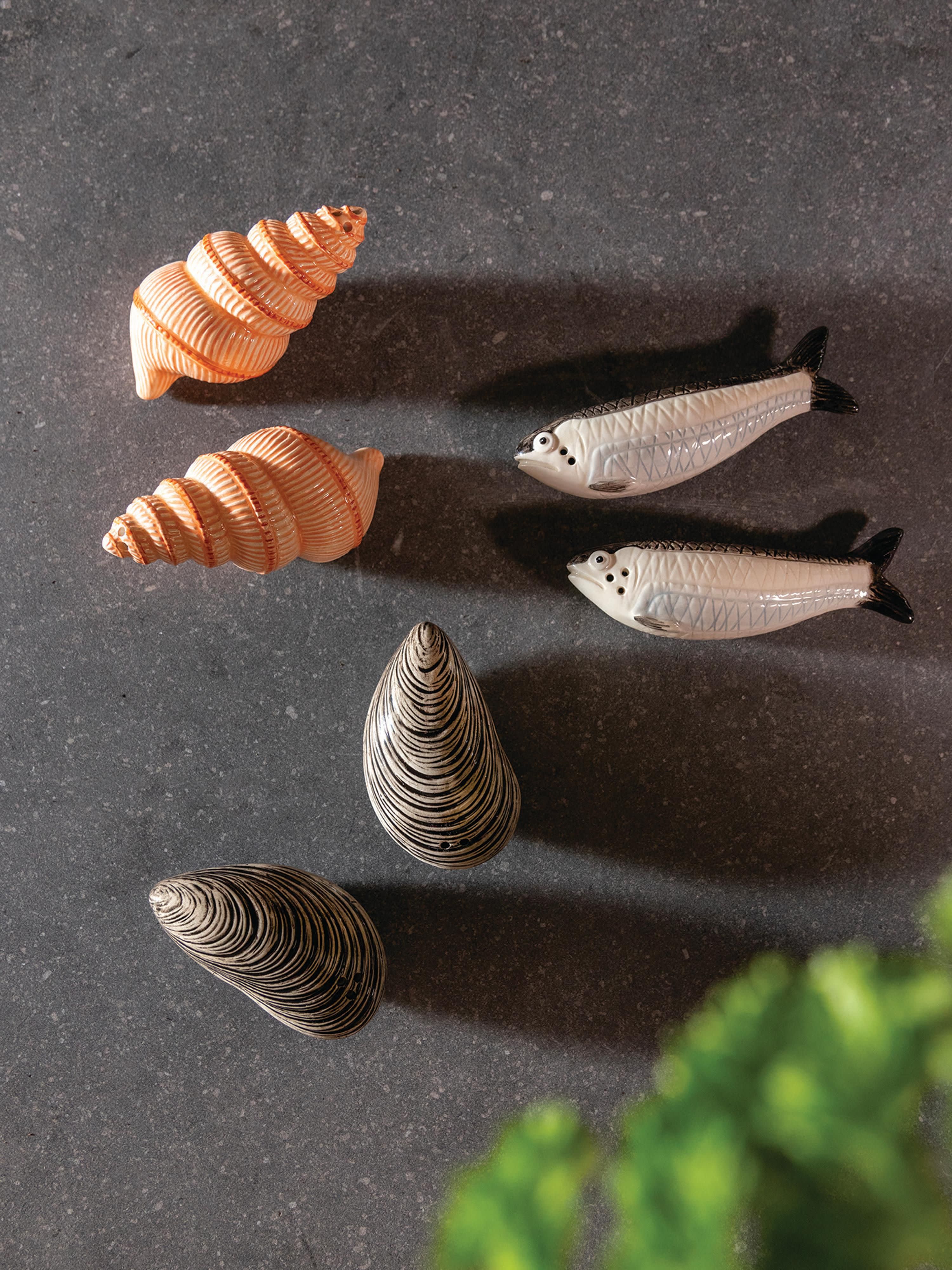 Handbemalte Salz- & Pfefferstreuer Mussel aus Dolomit, 2er-Set