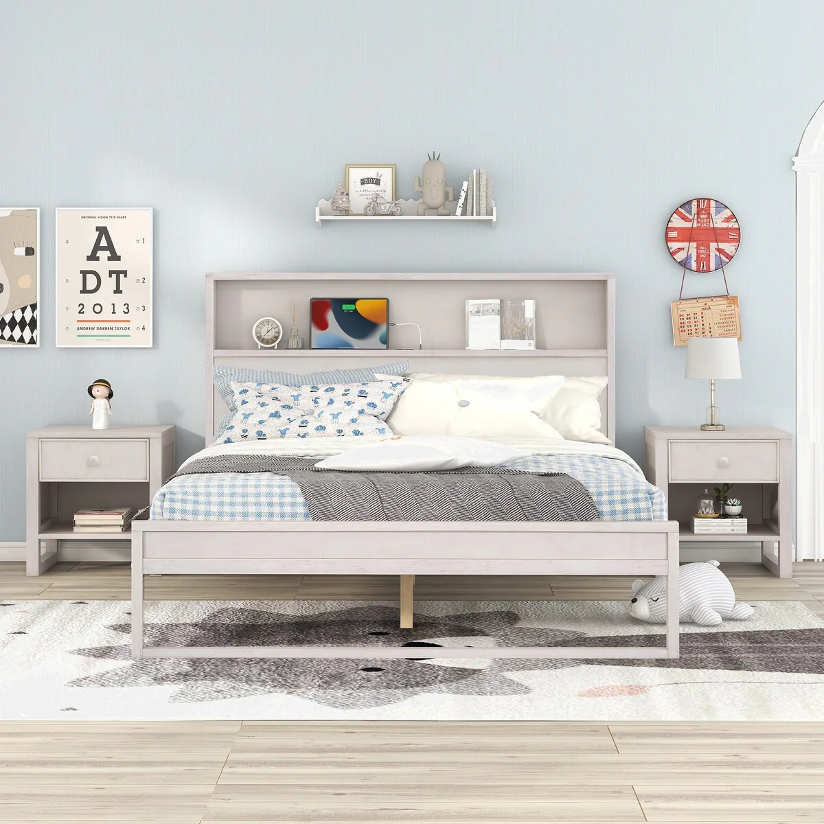 3-Pieces Bedroom Sets Queen Size Platform Bed with Two Nightstands