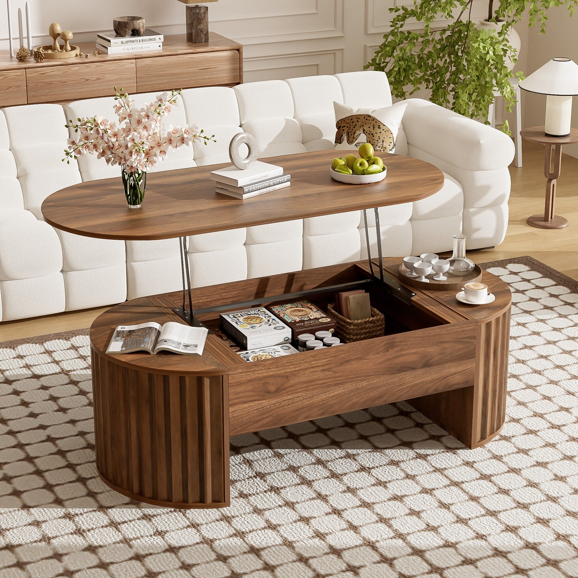 47.2'' Lift Top Coffee Table with Hidden Compartment, Wooden Center Table with Modern Oval Tabletop for Living Room