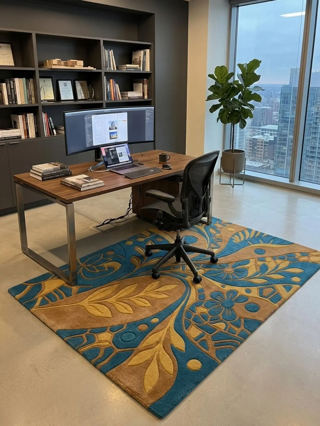 Rectangle Area Rug, Blue Gold Wool Carpet, Botanical Floor Mat, Hand Tufted Modern Decor, 5x8 8x10 Large Living Room Custom Size Available